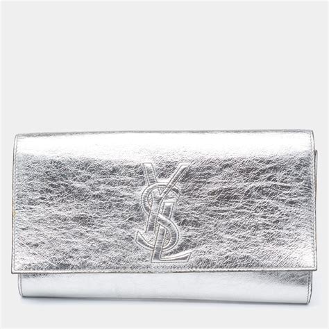 Saint Laurent YSL Belle de Jour Metallic Silver Leather Clutch Bag